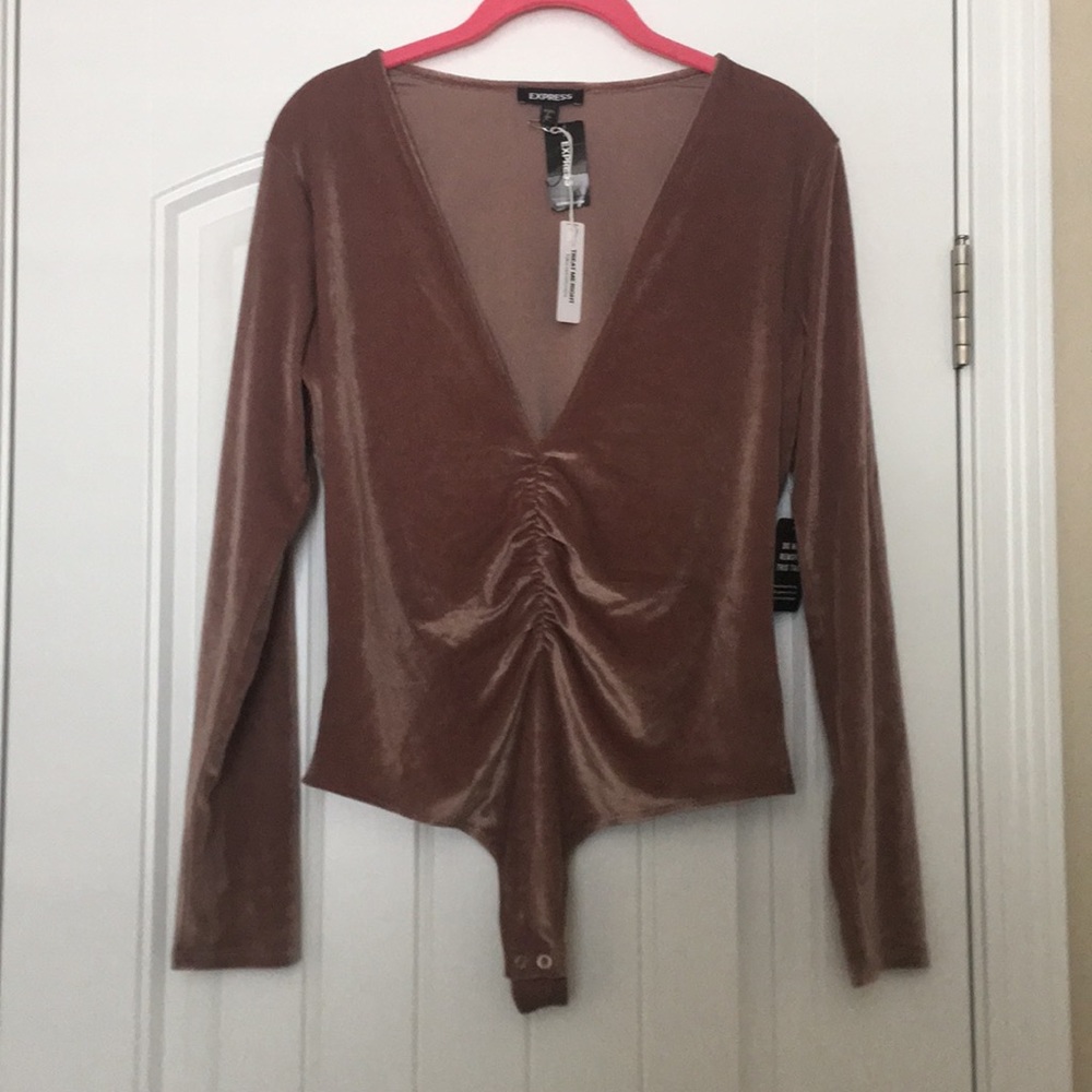 Express Ruched Velvet Front Plunge/Deep V Bodysuit - Long Sleeve